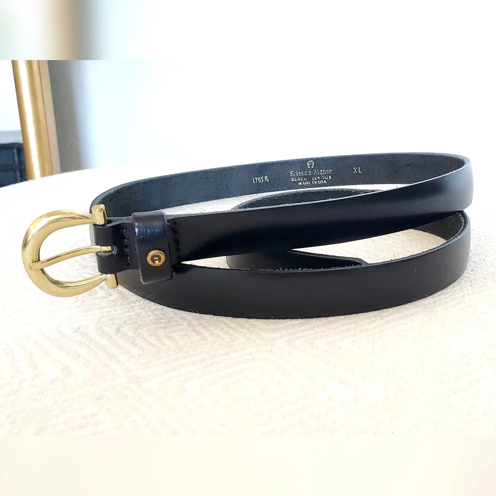 Etienne Aigner Vtg Horse Bit Buckle Black Leather Minimalist Belt, XL, EUC